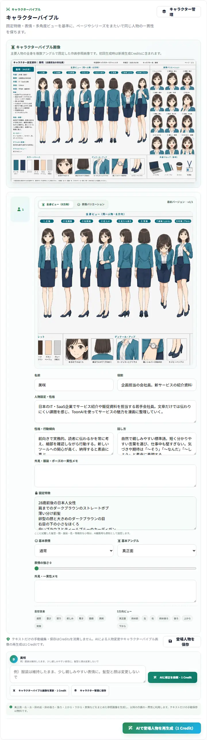 キャラクターバイブル。全身ビュー（8方向）と表情バリエーションを切り替えて確認できます。