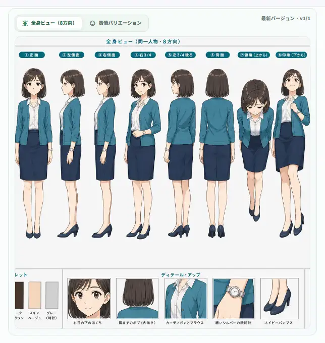 登録キャラクターの全身ビュー（8方向）。表情バリエーションのタブに切り替えられます。