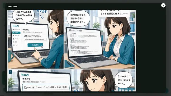 漫画ページの拡大表示。縦に長いページは拡大画面の中をスクロールして確認できます。